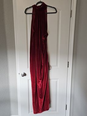 Zelie for She Red Velvet High Neck Maxi Dress - Ruched Slit -  2X